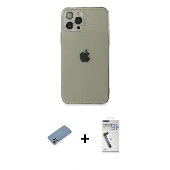 MARSİLYAN™- iPhone 12 Pro Max Kılıf Ahenk Doku - Şeffaf Uv Polymer Nano Ekran Koruyucu + Pembe Shine Kamera Lens Koruma Cam