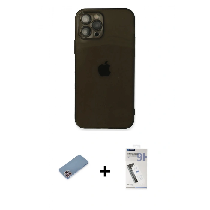MARSİLYAN™- iPhone 12 Pro Max Kılıf Ahenk Doku - Şeffaf Uv Polymer Nano Ekran Koruyucu + Pembe Shine Kamera Lens Koruma Cam