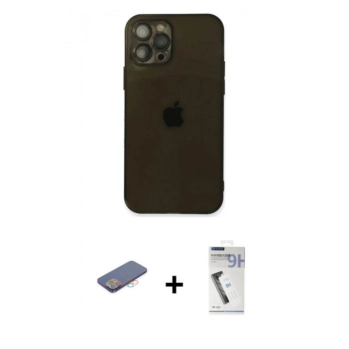 MARSİLYAN™- iPhone 12 Pro Max Kılıf Ahenk Doku - Şeffaf Uv Polymer Nano Ekran Koruyucu + Renkli Kamera Lens Koruma Cam - PE