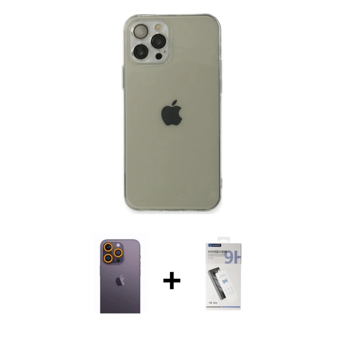 MARSİLYAN™- iPhone 12 Pro Max Kılıf Ahenk Doku - Şeffaf Uv Polymer Nano Ekran Koruyucu + Neon Fosforlu Kamera Lens - SI