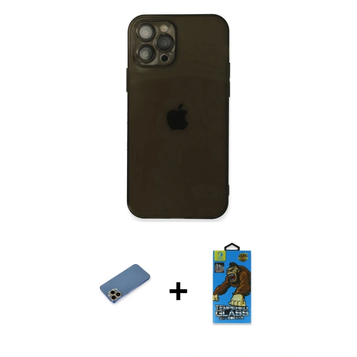 MARSİLYAN™- iPhone 12 Pro Max Kılıf Ahenk Doku - Siyah 18D Cam Ekran Koruyucu + Shine Kamera Lens Koruma Cam - GD