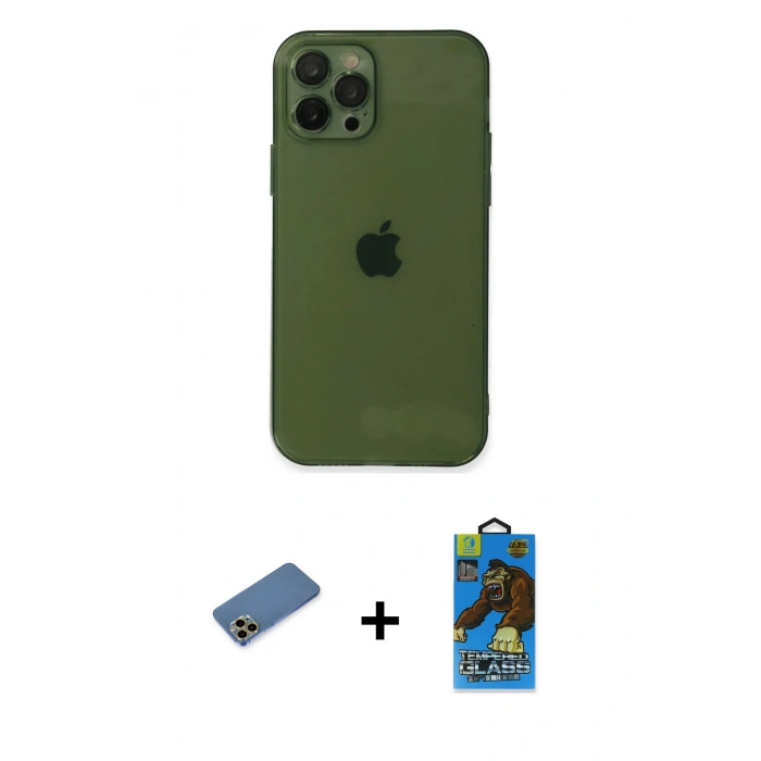 MARSİLYAN™- iPhone 12 Pro Max Kılıf Ahenk Doku - Siyah 18D Cam Ekran Koruyucu + Shine Kamera Lens Koruma Cam - GD