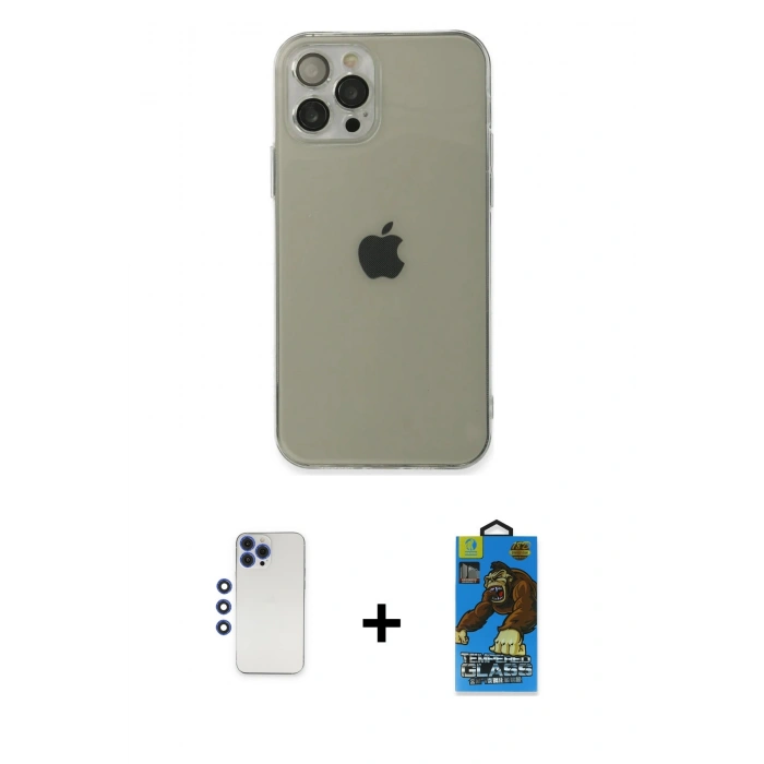 MARSİLYAN™- iPhone 12 Pro Max Kılıf Ahenk Doku - Siyah 18D Cam Ekran Koruyucu + Lacivert Shine Kamera Lens