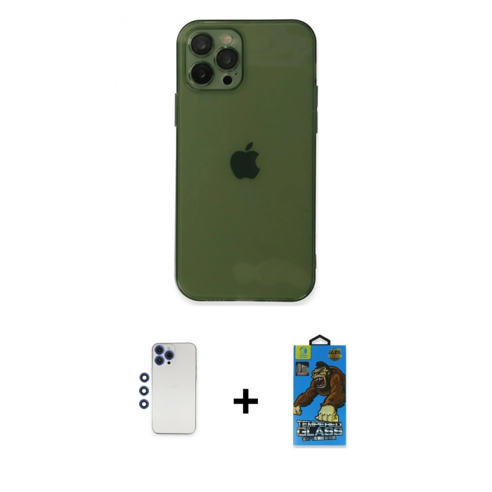 MARSİLYAN™- iPhone 12 Pro Max Kılıf Ahenk Doku - Siyah 18D Cam Ekran Koruyucu + Lacivert Shine Kamera Lens