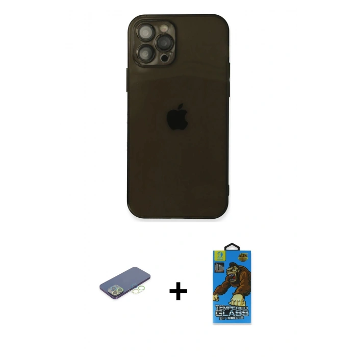 MARSİLYAN™- iPhone 12 Pro Max Kılıf Ahenk Doku - Siyah 18D Cam Ekran Koruyucu + Renkli Kamera Lens Koruma Cam - YL