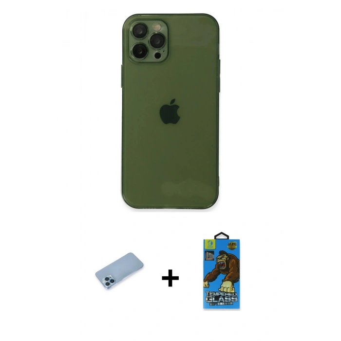 MARSİLYAN™- iPhone 12 Pro Max Kılıf Ahenk Doku - Siyah 18D Cam Ekran Koruyucu + Shine Kamera Lens Koruma Cam - MI