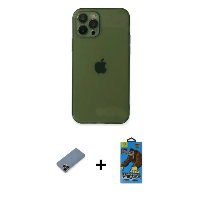 MARSİLYAN™- iPhone 12 Pro Max Kılıf Ahenk Doku - Siyah 18D Cam Ekran Koruyucu + Siyah Shine Kamera Lens Koruma Cam