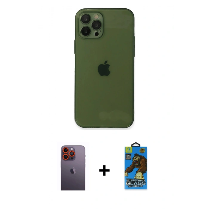 MARSİLYAN™- iPhone 12 Pro Max Kılıf Ahenk Doku - Siyah 18D Cam Ekran Koruyucu + Turuncu Neon Fosforlu Kamera Lens