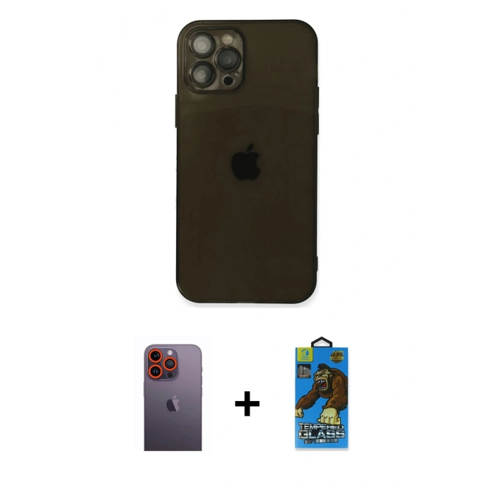 MARSİLYAN™- iPhone 12 Pro Max Kılıf Ahenk Doku - Siyah 18D Cam Ekran Koruyucu + Turuncu Neon Fosforlu Kamera Lens