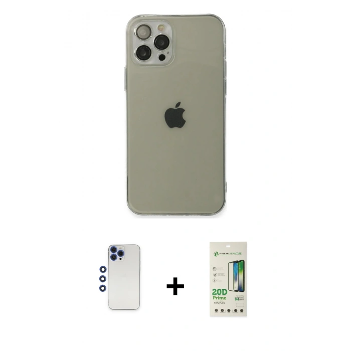 MARSİLYAN™- iPhone 12 Pro Max Kılıf Ahenk Doku - Siyah 20D Premium Cam Ekran Koruyucu + Lacivert Shine Kamera Lens