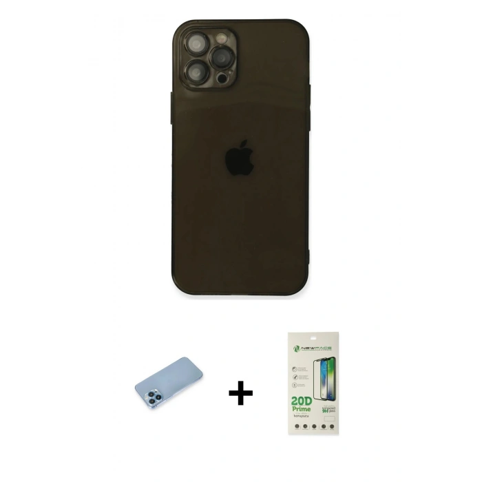 MARSİLYAN™- iPhone 12 Pro Max Kılıf Ahenk Doku - Siyah 20D Premium Cam Ekran Koruyucu + Shine Kamera Lens Koruma Cam - MI