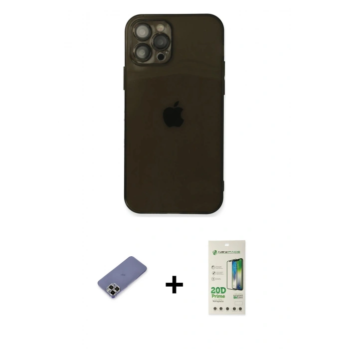 MARSİLYAN™- iPhone 12 Pro Max Kılıf Ahenk Doku - Siyah 20D Premium Cam Ekran Koruyucu + Metal Kamera Lens Koruma Cam - GD