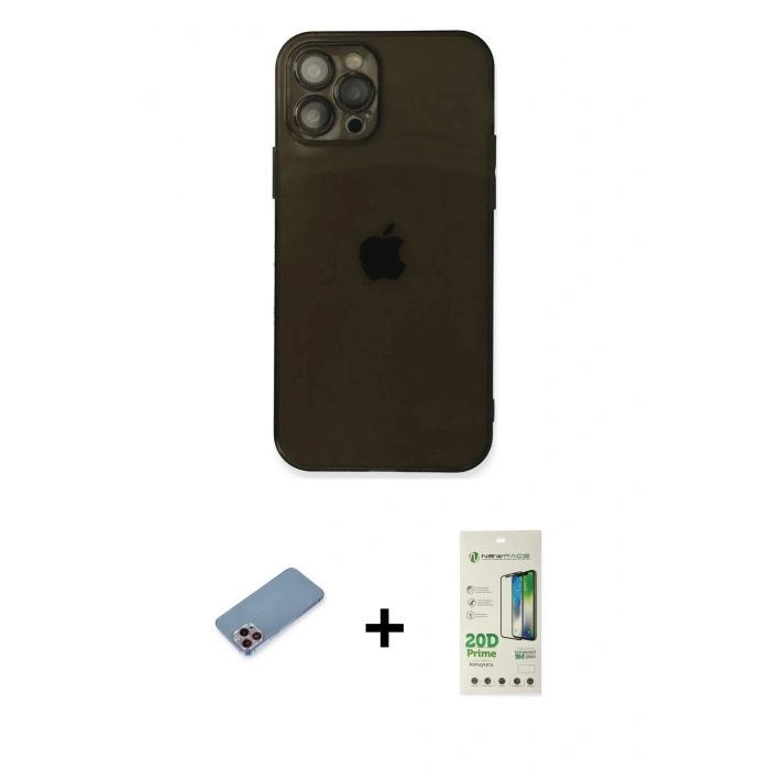 MARSİLYAN™- iPhone 12 Pro Max Kılıf Ahenk Doku - Siyah 20D Premium Cam Ekran Koruyucu + Pembe Shine Kamera Lens Koruma Cam