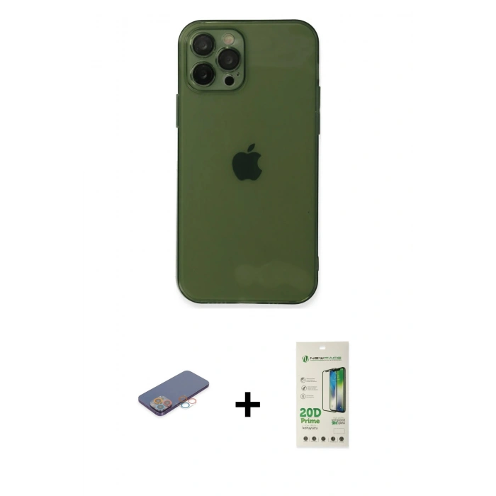 MARSİLYAN™- iPhone 12 Pro Max Kılıf Ahenk Doku - Siyah 20D Premium Cam Ekran Koruyucu + Renkli Kamera Lens Koruma Cam - PE
