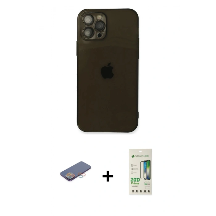 MARSİLYAN™- iPhone 12 Pro Max Kılıf Ahenk Doku - Siyah 20D Premium Cam Ekran Koruyucu + Renkli Kamera Lens Koruma Cam - PE