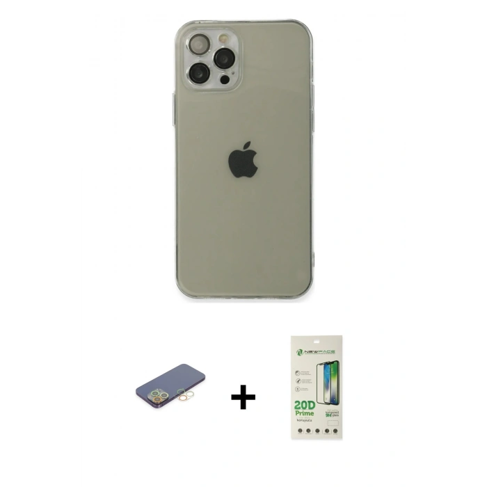 MARSİLYAN™- iPhone 12 Pro Max Kılıf Ahenk Doku - Siyah 20D Premium Cam Ekran Koruyucu + Renkli Kamera Lens Koruma Cam - SI