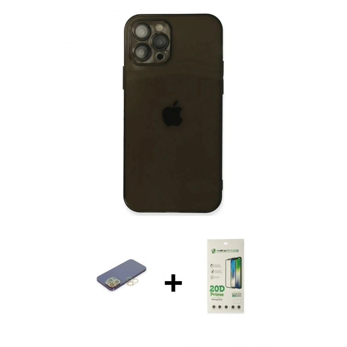 MARSİLYAN™- iPhone 12 Pro Max Kılıf Ahenk Doku - Siyah 20D Premium Cam Ekran Koruyucu + Renkli Kamera Lens Koruma Cam - SI