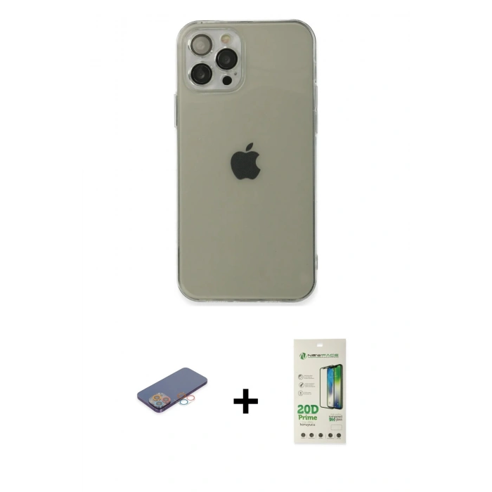 MARSİLYAN™- iPhone 12 Pro Max Kılıf Ahenk Doku - Siyah 20D Premium Cam Ekran Koruyucu + Renkli Kamera Lens Koruma Cam - PE