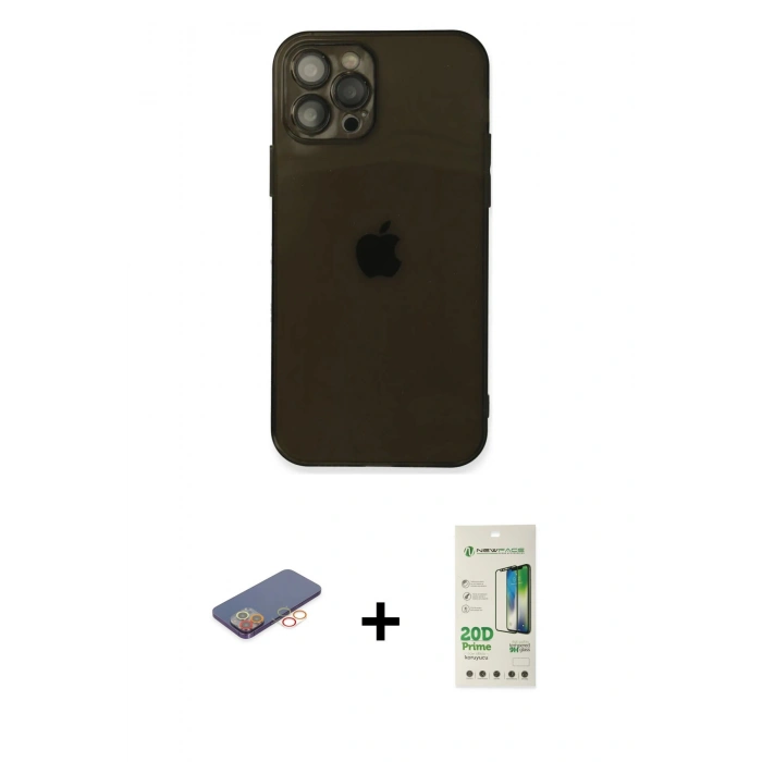 MARSİLYAN™- iPhone 12 Pro Max Kılıf Ahenk Doku - Siyah 20D Premium Cam Ekran Koruyucu + Renkli Kamera Lens Koruma Cam - TU