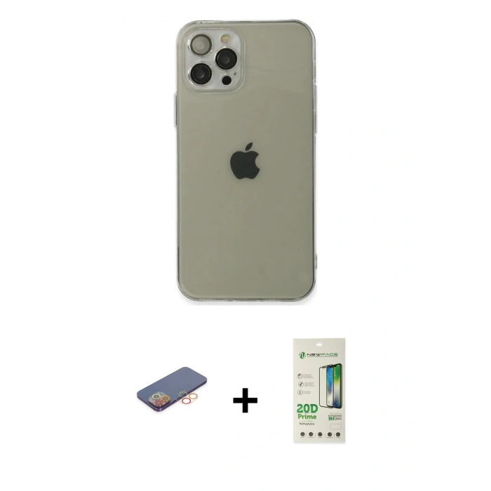 MARSİLYAN™- iPhone 12 Pro Max Kılıf Ahenk Doku - Siyah 20D Premium Cam Ekran Koruyucu + Renkli Kamera Lens Koruma Cam - TU