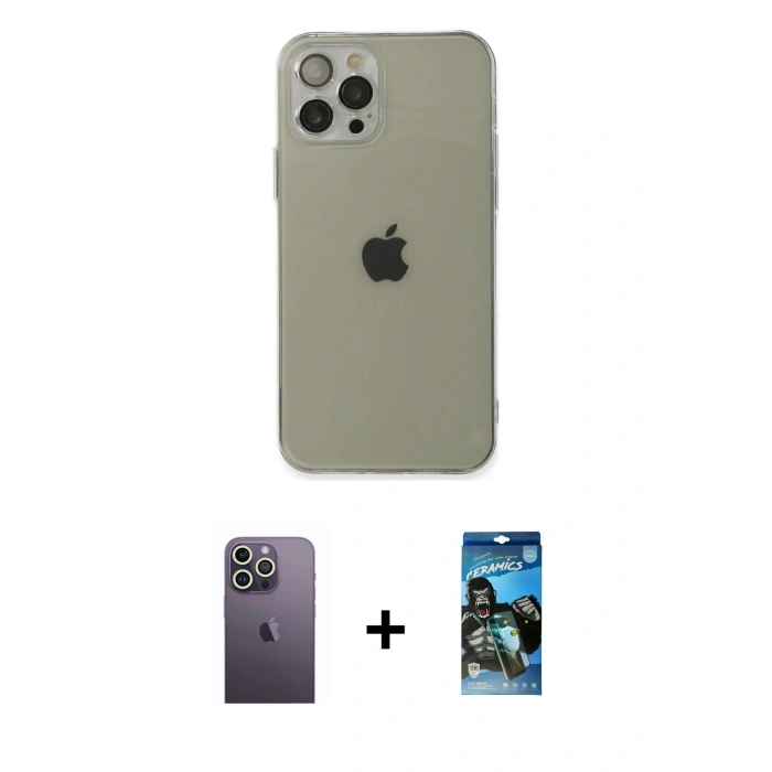 MARSİLYAN™- iPhone 12 Pro Max Kılıf Ahenk Doku - Siyah 34D Izgaralı Cam + Neon Fosforlu Kamera Lens - BZ