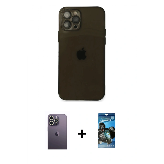 MARSİLYAN™- iPhone 12 Pro Max Kılıf Ahenk Doku - Siyah 34D Izgaralı Cam + Neon Fosforlu Kamera Lens - BZ