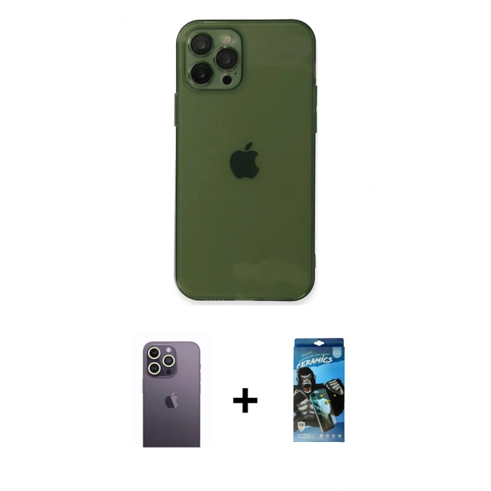 MARSİLYAN™- iPhone 12 Pro Max Kılıf Ahenk Doku - Siyah 34D Izgaralı Cam + Neon Fosforlu Kamera Lens - BZ