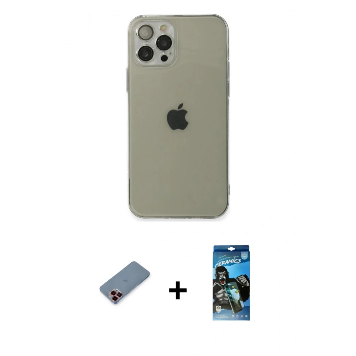 MARSİLYAN™- iPhone 12 Pro Max Kılıf Ahenk Doku - Siyah 34D Izgaralı Cam + Metal Kamera Lens Koruma Cam - KI