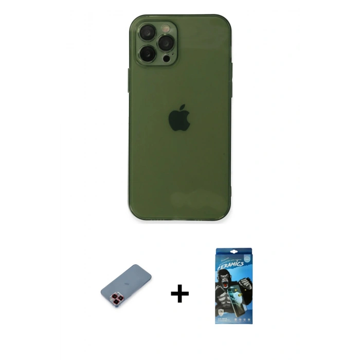 MARSİLYAN™- iPhone 12 Pro Max Kılıf Ahenk Doku - Siyah 34D Izgaralı Cam + Metal Kamera Lens Koruma Cam - KI