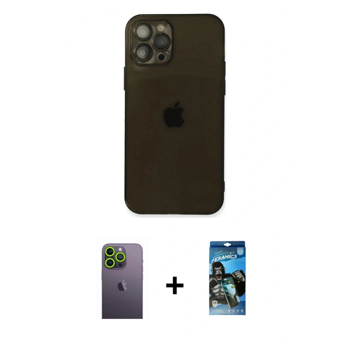 MARSİLYAN™- iPhone 12 Pro Max Kılıf Ahenk Doku - Siyah 34D Izgaralı Cam + Neon Fosforlu Kamera Lens - YL