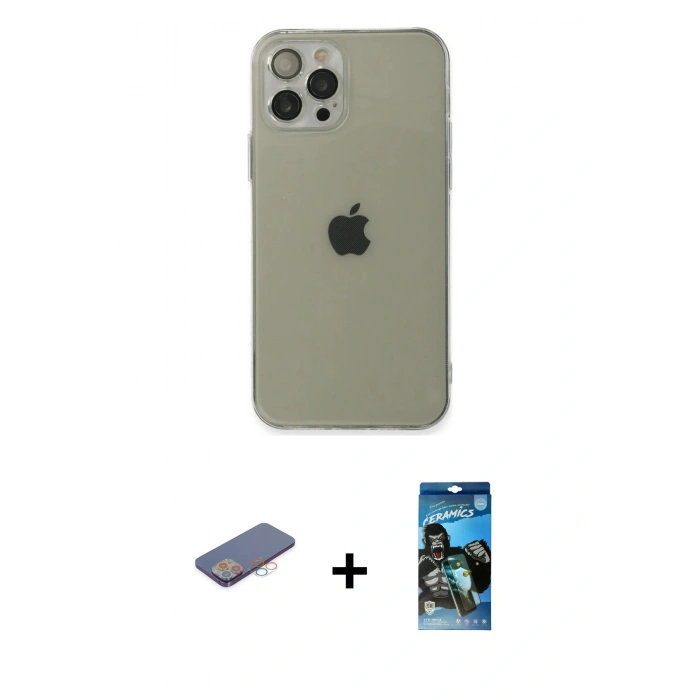 MARSİLYAN™- iPhone 12 Pro Max Kılıf Ahenk Doku - Siyah 34D Izgaralı Cam + Pembe Renkli Kamera Lens Koruma Cam