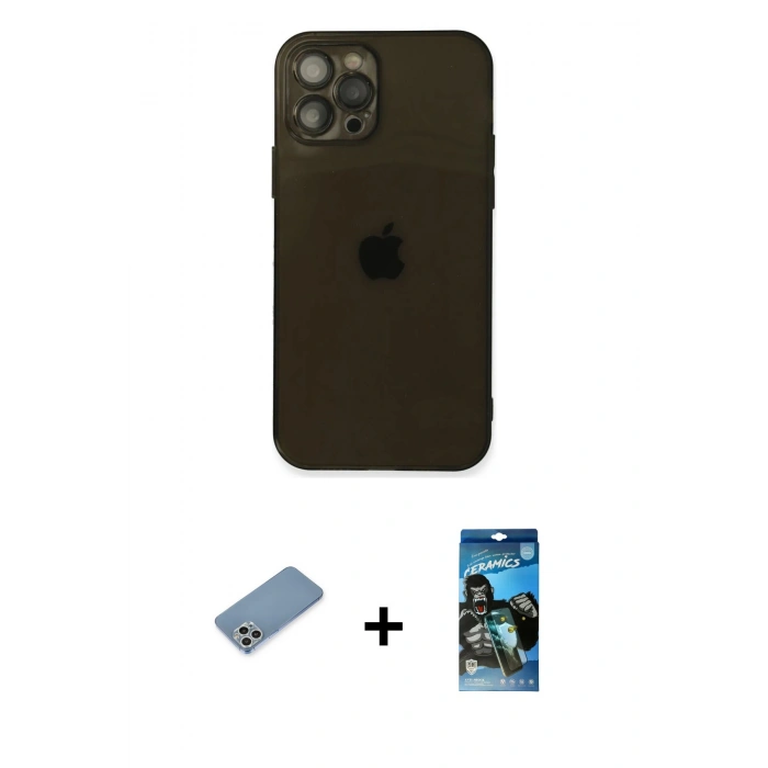 MARSİLYAN™- iPhone 12 Pro Max Kılıf Ahenk Doku - Siyah 34D Izgaralı Cam + Shine Kamera Lens Koruma Cam - GS