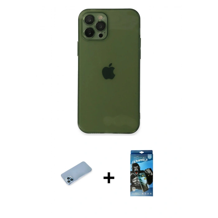 MARSİLYAN™- iPhone 12 Pro Max Kılıf Ahenk Doku - Siyah 34D Izgaralı Cam + Shine Kamera Lens Koruma Cam - MI