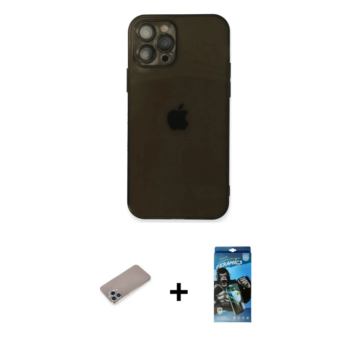 MARSİLYAN™- iPhone 12 Pro Max Kılıf Ahenk Doku - Siyah 34D Izgaralı Cam + Shine Kamera Lens Koruma Cam - SABE