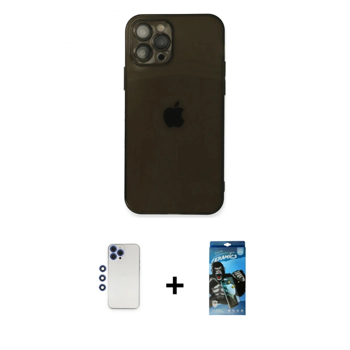 MARSİLYAN™- iPhone 12 Pro Max Kılıf Ahenk Doku - Siyah 34D Izgaralı Cam + Shine Kamera Lens - LT