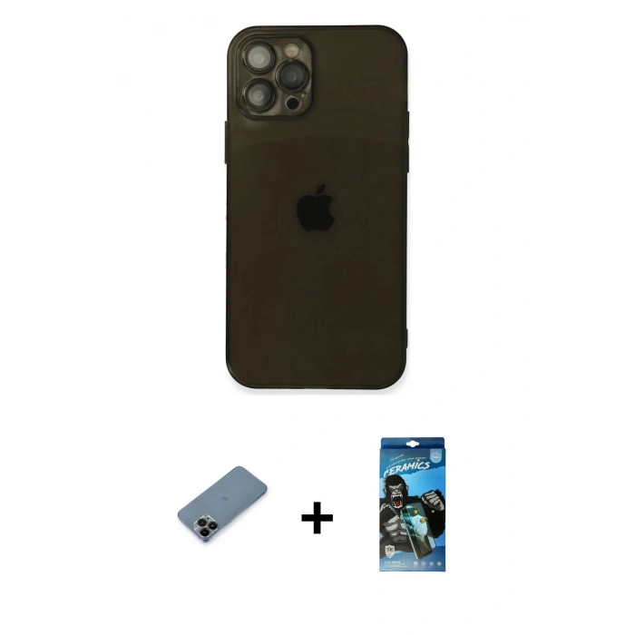 MARSİLYAN™- iPhone 12 Pro Max Kılıf Ahenk Doku - Siyah 34D Izgaralı Cam + Shine Kamera Lens Koruma Cam - SH