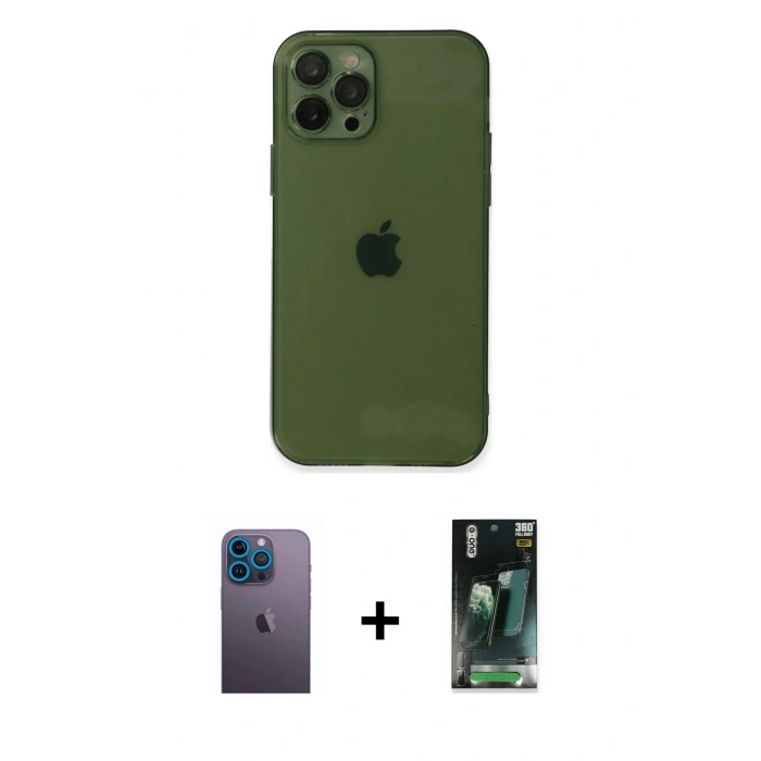 MARSİLYAN™- iPhone 12 Pro Max Kılıf Ahenk Doku - Siyah 360 Mat Full Body Arka Koruyucu + Neon Fosforlu Kamera Lens - MI