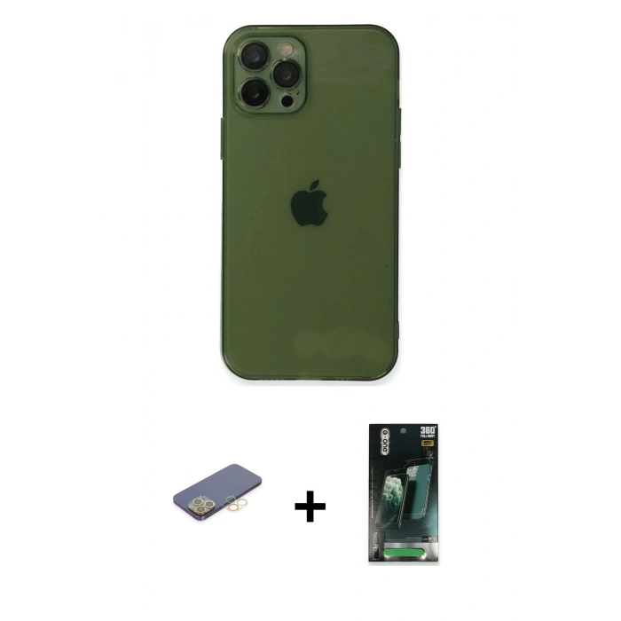 MARSİLYAN™- iPhone 12 Pro Max Kılıf Ahenk Doku - Siyah 360 Mat Full Body Arka Koruyucu + Renkli Kamera Lens Koruma Cam - SI