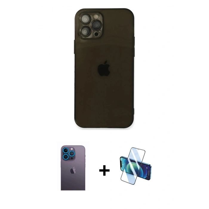 MARSİLYAN™- iPhone 12 Pro Max Kılıf Ahenk Doku - Siyah 3D Antistatik Cam Ekran Koruyucu + Neon Fosforlu Kamera Lens - MI