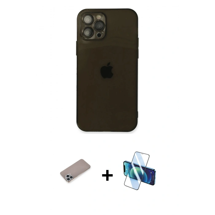 MARSİLYAN™- iPhone 12 Pro Max Kılıf Ahenk Doku - Siyah 3D Antistatik Cam Ekran Koruyucu + Shine Kamera Lens Koruma Cam - SABE