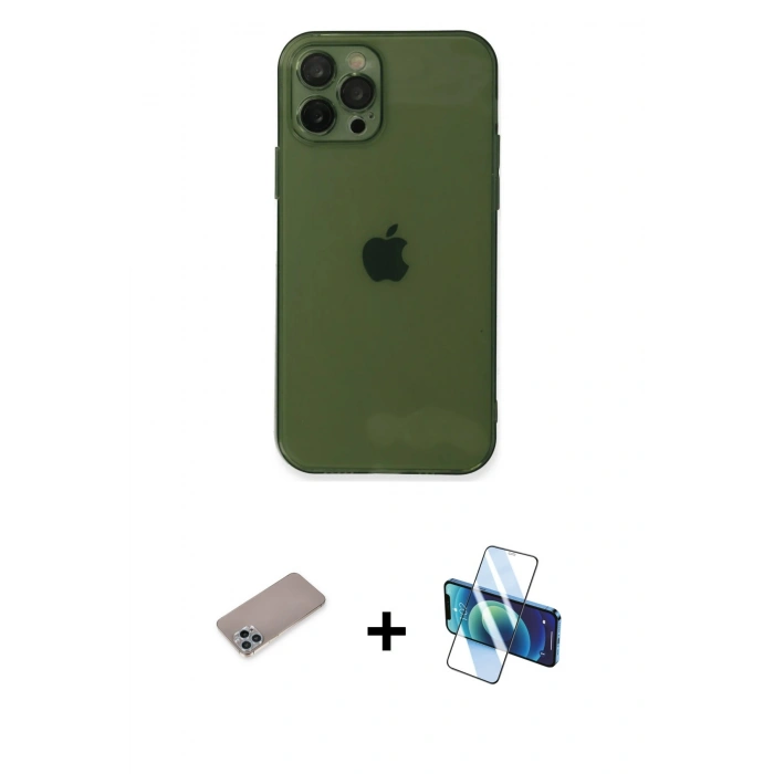 MARSİLYAN™- iPhone 12 Pro Max Kılıf Ahenk Doku - Siyah 3D Antistatik Cam Ekran Koruyucu + Shine Kamera Lens Koruma Cam - SABE