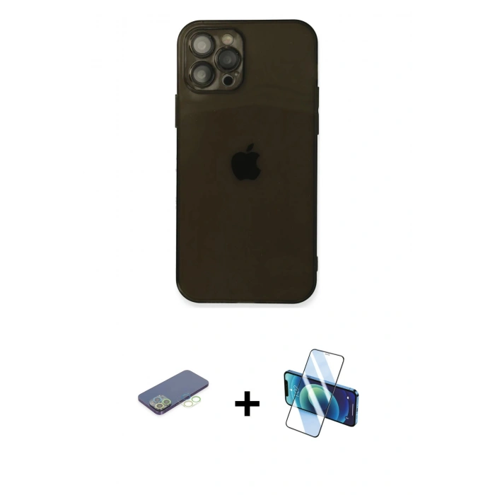 MARSİLYAN™- iPhone 12 Pro Max Kılıf Ahenk Doku - Siyah 3D Antistatik Cam Ekran Koruyucu + Renkli Kamera Lens Koruma Cam - YL