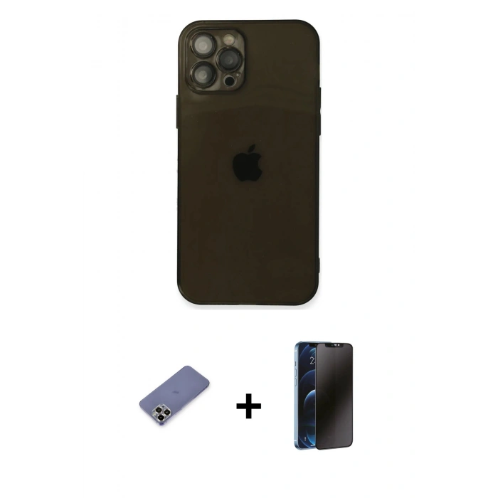 MARSİLYAN™- iPhone 12 Pro Max Kılıf Ahenk Doku - Siyah 3D Antistatik Hayalet Cam Ekran Koruyucu + Metal Kamera Lens Koruma Cam - GD