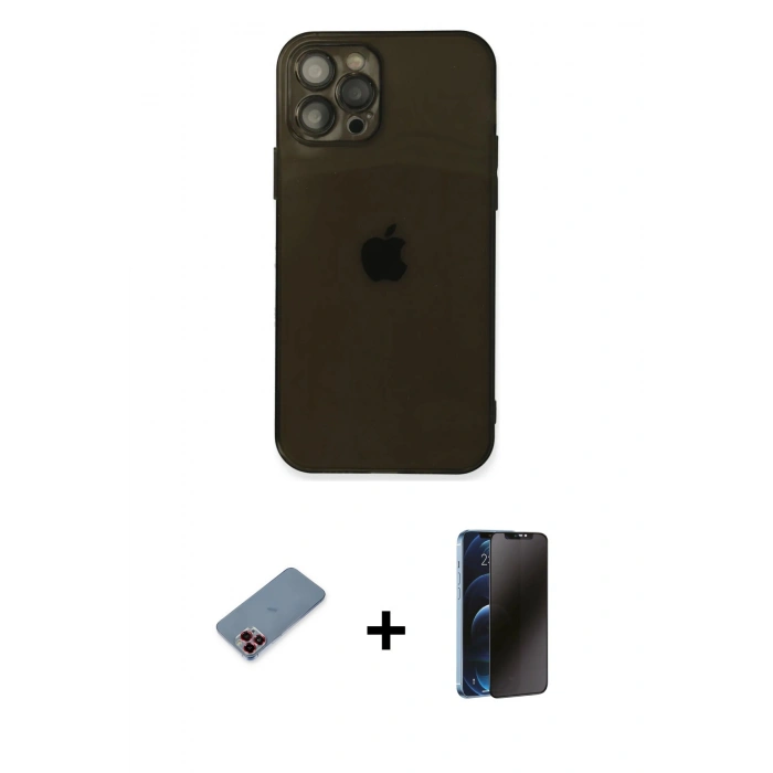MARSİLYAN™- iPhone 12 Pro Max Kılıf Ahenk Doku - Siyah 3D Antistatik Hayalet Cam Ekran Koruyucu + Metal Kamera Lens Koruma Cam - KI