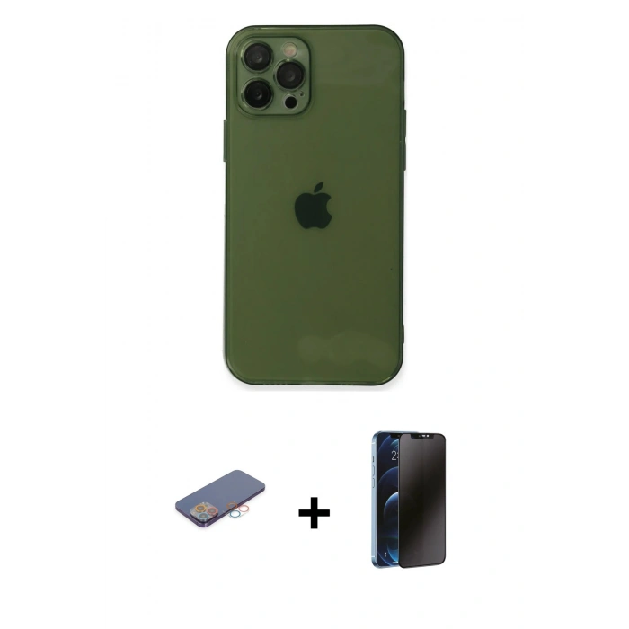 MARSİLYAN™- iPhone 12 Pro Max Kılıf Ahenk Doku - Siyah 3D Antistatik Hayalet Cam Ekran Koruyucu + Renkli Kamera Lens Koruma Cam - PE