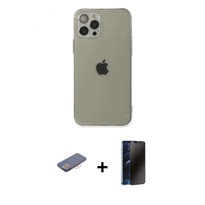 MARSİLYAN™- iPhone 12 Pro Max Kılıf Ahenk Doku - Siyah 3D Antistatik Hayalet Cam Ekran Koruyucu + Renkli Kamera Lens Koruma Cam - PE