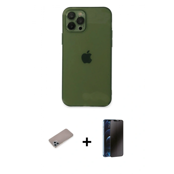 MARSİLYAN™- iPhone 12 Pro Max Kılıf Ahenk Doku - Siyah 3D Antistatik Hayalet Cam Ekran Koruyucu + Shine Kamera Lens Koruma Cam - SABE