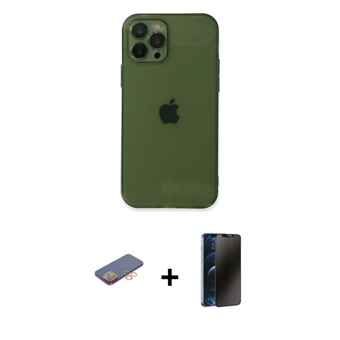 MARSİLYAN™- iPhone 12 Pro Max Kılıf Ahenk Doku - Siyah 3D Antistatik Hayalet Cam Ekran Koruyucu + Renkli Kamera Lens Koruma Cam - TU
