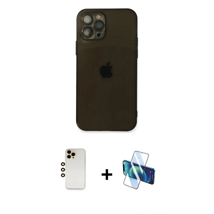 MARSİLYAN™- iPhone 12 Pro Max Kılıf Ahenk Doku - Siyah 3D Antistatik Seramik Nano Ekran Koruyucu + Shine Kamera Lens - GD