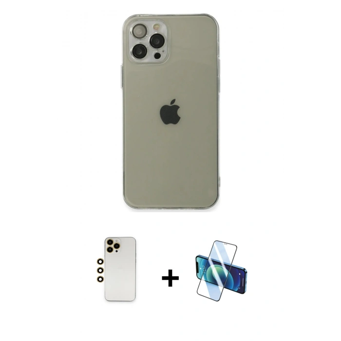MARSİLYAN™- iPhone 12 Pro Max Kılıf Ahenk Doku - Siyah 3D Antistatik Seramik Nano Ekran Koruyucu + Shine Kamera Lens - GD